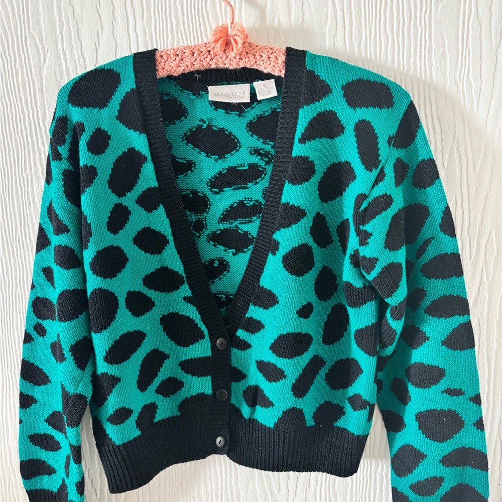 VTG Nordstrom Petite Focus Cropped V Neck Cardigan Teal Black SMALL
